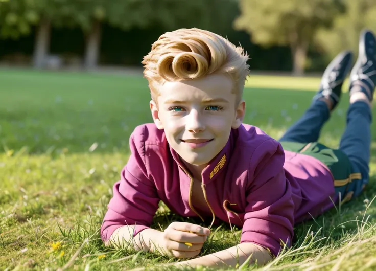 photo of grno, 1boy, lying in grass, sunny, bright