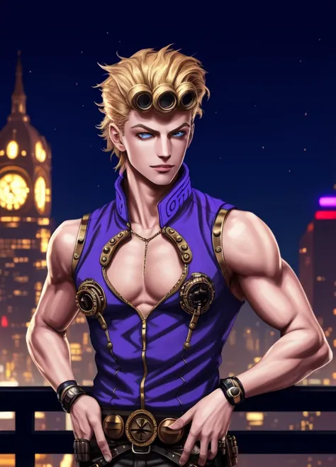 photo of grno, 1boy, night, city, wearing a tank top, steampunk setting
