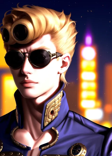 photo of grno, 1boy, night, city, wearing black sunglasses, steampunk setting