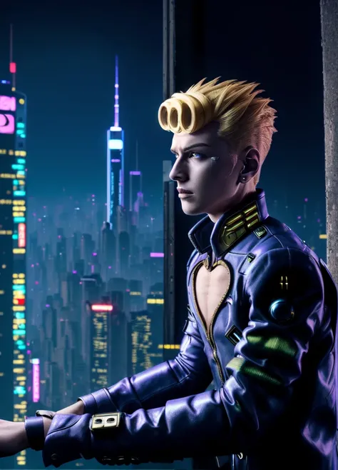 photo of grno, 1boy, night, city, cyberpunk setting