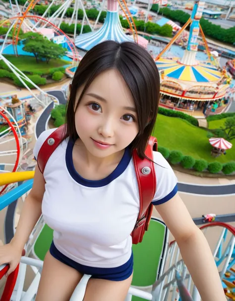 1girl, Japanese solo wife, friendly, smile, large breast, (white short sleeve gym uniform with navy hem:1.2), (red randoseru backpack:1.2), <lora:RanburuXLv10:1>, enjoying amusement park, roller coasters, Ferris wheel, fountain, view from above, close up, portrait,
8k, RAW, best quality, ultrarealistic, photorealistic, natural skin, detailed skin, (skindentation:0.3)