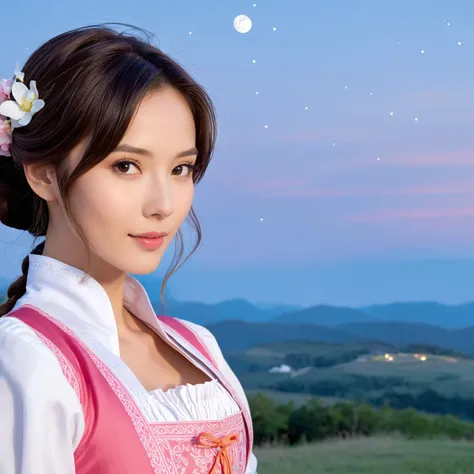 Raw digital photo, Kawaii anime, (Man:1.1) as a Astronomer, he is dressed in Vietnamese Dirndl, his hair is Pink, at Whiterun, at Blue hour, designed by Zinaida Serebriakova, David Downton, Simple illustration, Proud, Cinestill, Phase One XF IQ4 150MP, F/14, extremely beautiful, drawing, cute