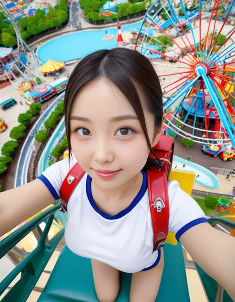 1girl, Japanese solo wife, friendly, smile, large breast, (white short sleeve  gym uniform with navy hem:1.2), (red randoseru backpack:1.2), <lora:RanburuXLv10:1>, enjoying amusement park, roller coasters, Ferris wheel, fountain, view from above, close up, portrait,
8k, RAW, best quality, ultrarealistic, photorealistic, natural skin, detailed skin, (skindentation:0.3)