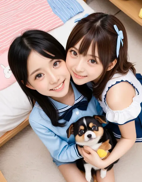2girl, two Japanese idol girls holding a dog, friendly, smile, girl's clothes, girl's room, view from above, close up, 8k, RAW, best quality, [:natural skin, detailed skin, (skindentation:0.3):0.5]