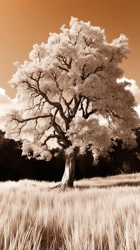 Sad Elm, nature art stylized by Steve Hillier, Monochromatic orange filter, icon style, RTX, organic