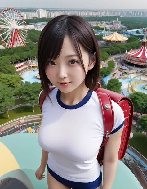 1girl, Japanese solo wife, friendly, smile, large breast, (navy buruma panty:1.2), (white short sleeve  gym uniform with colored hem:1.2), (red randoseru backpack:1.2), <lora:RanburuXLv10:1>, enjoying amusement park, roller coasters, Ferris wheel, fountain, view from above,
8k, RAW, best quality, ultrarealistic, photorealistic, natural skin, detailed skin, (skindentation:0.3)