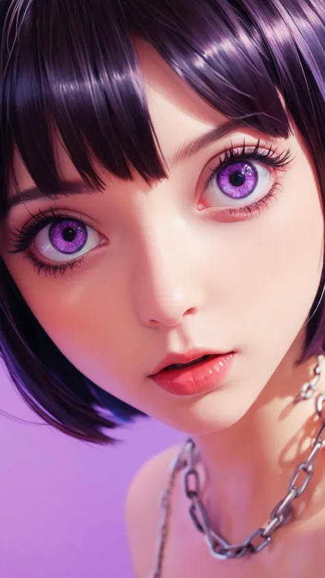 illustration art by ilya kuvshinov, plain background, "Chain Reaction", anime style, purple hue, large eyes, futurism themes