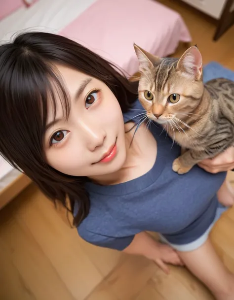 1girl, Japanese MILF hold a cat, happy, smile, girl's room, women's clothes, close up, view from above,
8k, RAW, best quality, natural skin, detailed skin, (skindentation:0.3), depth of field