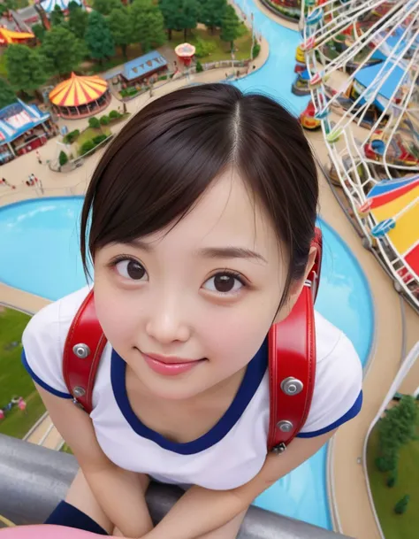 1girl, Japanese solo wife, friendly, smile, large breast, (white short sleeve gym uniform with navy hem:1.2), (red randoseru backpack:1.2), <lora:RanburuXLv10:1>, enjoying amusement park, roller coasters, Ferris wheel, fountain, view from above, close up, portrait,
8k, RAW, best quality, ultrarealistic, photorealistic, natural skin, detailed skin, (skindentation:0.3)