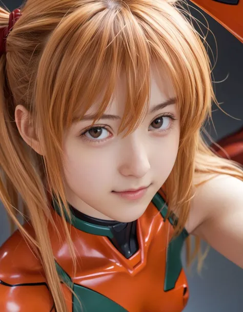 1girl, souryuu asuka langley, neon genesis evangelion, friendly, smile, Japanese, close up, 
8k, RAW, best quality, ultrarealistic, photorealistic, natural skin, detailed skin, (skindentation:0.3)