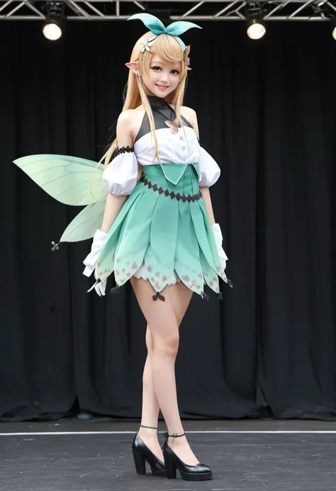 masterpiece, best quality, 8k, RAW, best quality, ultrarealistic, photorealistic, natural skin, detailed skin, (skindentation:0.3), <lora:Pomu_Rainpuff_SDXL:1>, pomu rainpuff, gloves, high-waist skirt, fairy wings, green skirt, black elboww gloves, smile, fairy, standing on stage in front of a crowd, halterneck, looking at viewer, full body, butterfly hair ornament, simple, black footwear, white shirt, white flower, shirt tucked in, bare shoulders, white puffy detached sleeves