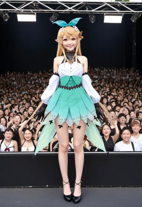 masterpiece, best quality, 8k, RAW, best quality, ultrarealistic, photorealistic, natural skin, detailed skin, (skindentation:0.3), <lora:Pomu_Rainpuff_SDXL:1>, pomu rainpuff, gloves, high-waist skirt, fairy wings, green skirt, black elboww gloves, smile, fairy, standing on stage in front of a crowd, halterneck, looking at viewer, full body, butterfly hair ornament, simple, black footwear, white shirt, white flower, shirt tucked in, bare shoulders, white puffy detached sleeves