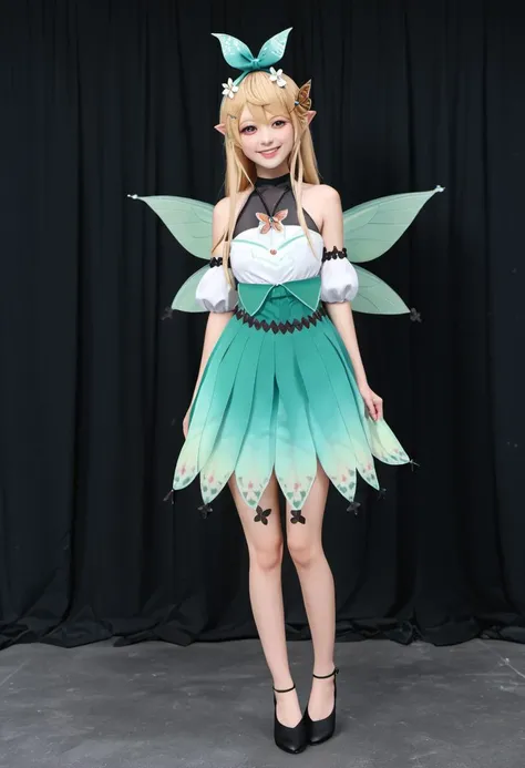 masterpiece, best quality, 8k, RAW, best quality, ultrarealistic, photorealistic, natural skin, detailed skin, (skindentation:0.3), <lora:Pomu_Rainpuff_SDXL:1>, pomu rainpuff, gloves, high-waist skirt, fairy wings, green skirt, black elboww gloves, smile, fairy, standing on stage in front of a crowd, halterneck, looking at viewer, full body, butterfly hair ornament, simple, black footwear, white shirt, white flower, shirt tucked in, bare shoulders, white puffy detached sleeves