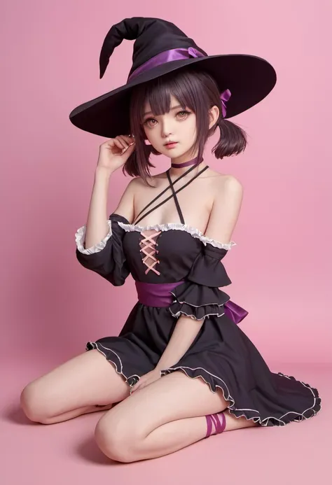 masterpiece, best quality, 8k, RAW, best quality, ultrarealistic, photorealistic, natural skin, detailed skin, (skindentation:0.3), <lora:Fallenshadow_SDXL:0.8>, Fallenshadow, criss-cross halter, solo, petite, black dress, witch hat, leg ribbon, halterneck, waist bow, sleeves past wrists, blush, frills, pink background, sleeves past fingers, plaid background, bare shoulders, sitting, looking at viewer, frilled dress, alternate costume, short dress, short twintails, arm ribbon, food-themed clothes, twintails, heart, witch, off shoulder, large hat, hand between legs, between legs