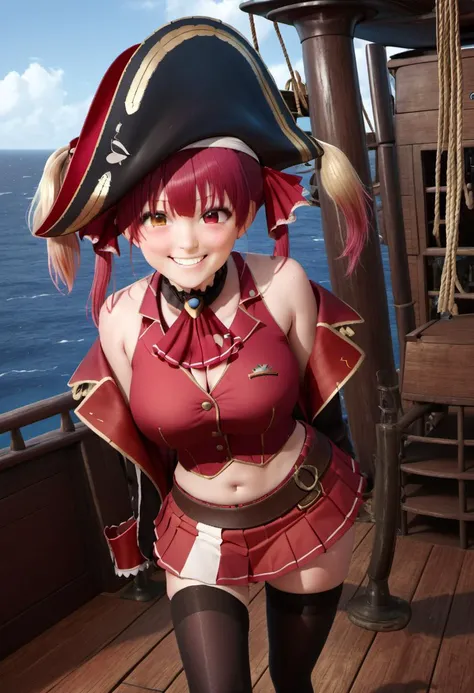 masterpiece, best quality, 8k, RAW, best quality, ultrarealistic, photorealistic, natural skin, detailed skin, (skindentation:0.3),rating: general, <lora:Houshou_Marine:1> houshou marine, solo, heterochromia, pirate hat, twintails, skirt, black thighhighs, medium breasts, blush, smile, looking at viewer, red shirt, standing on a pirate ship, winking, BREAK <lora:texta:1> english text, ("Ahooooy~~":1.4)