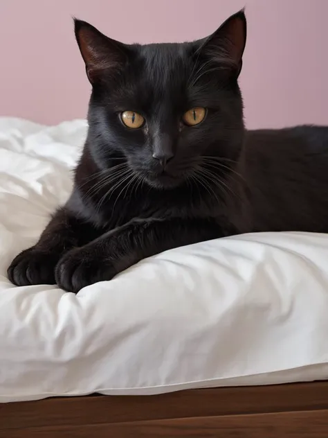 best quality, masterpiece, photo realistic, black cat lay on bed, close-up,