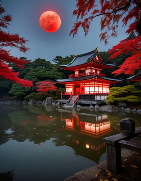 Japanese temple by the foggy lake and leaves are changing color under large red moon in dark night.
8k, RAW, best quality, depth of field