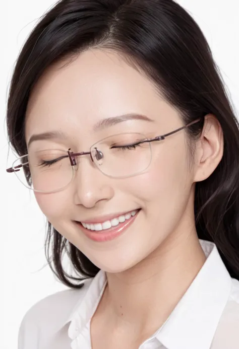 masterpiece, best quality, very aesthetic, absurdres,
1girl, solo, black hair, long hair,
rimless18s, glasses,
collared shirt, happy, smile, looking at another, closed eyes, open mouth, white background, simple background,
<lora:glasses_rimless_18s_SDXL_V1:0.8>