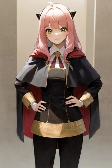 masterpiece, best quality, highres,
1girl solo anya, eden academy uniform, capelet,
smile, hand on hip
<lora:damian_anya_d32:1>