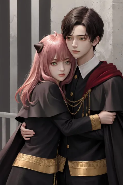masterpiece, best quality, highres,
1girl anya,
1boy damian,
eden academy uniform, capelet,
hug, photorealistic
<lora:damian_anya_d32:1>