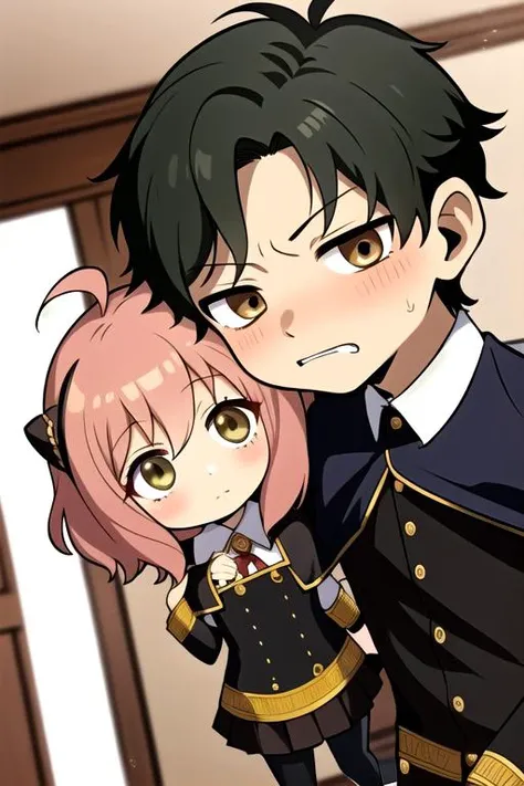 masterpiece,best quality,ultra detail,1boy damian, 1girl anya<lora:damian_anya_d32:0.7>petite,chibi,classroom,school uniform,shy,eden academy uniform,capelet,comic