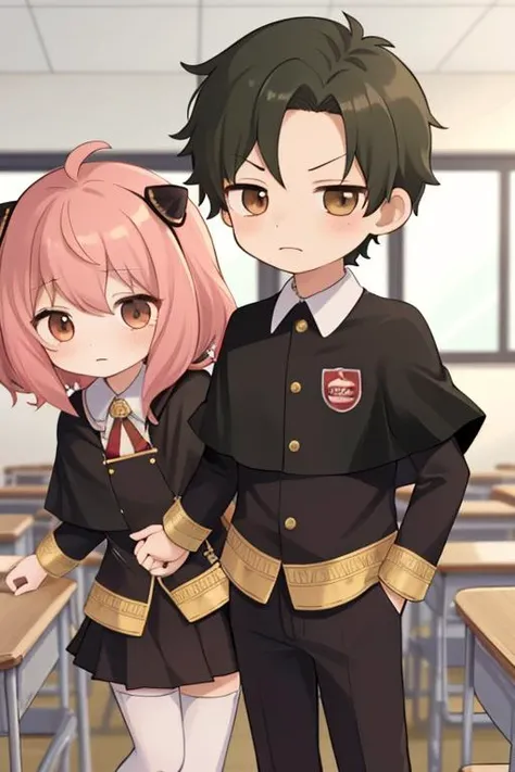 masterpiece,best quality,ultra detail,1boy damian, 1girl anya<lora:damian_anya_d32:0.7>petite,chibi,classroom,school uniform,shy,eden academy uniform,capelet,comic