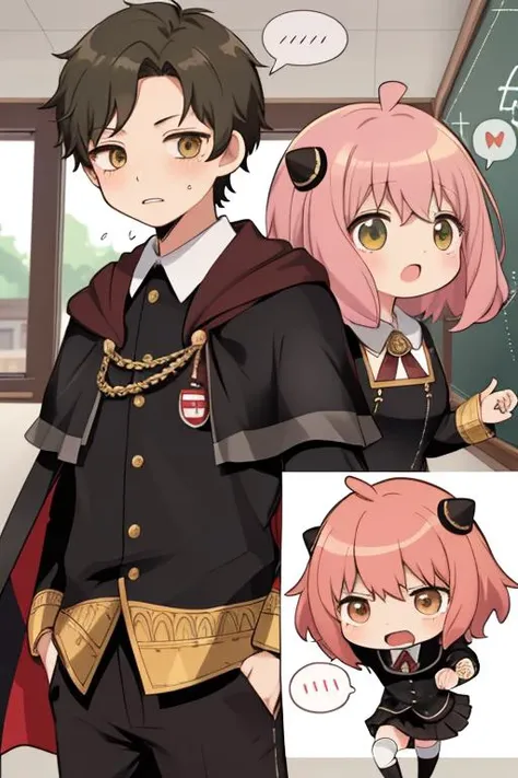 masterpiece,best quality,ultra detail,1boy damian, 1girl anya<lora:damian_anya_d32:0.7>petite,chibi,classroom,school uniform,shy,eden academy uniform,capelet,comic,spoken bubble