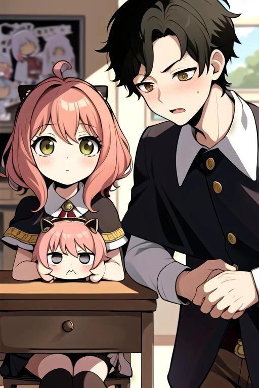 masterpiece,best quality,ultra detail,1boy damian, 1girl anya<lora:damian_anya_d32:0.7>petite,chibi,classroom,school uniform,shy,eden academy uniform,capelet,comic