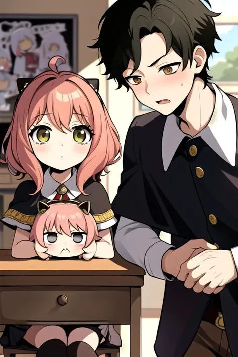 masterpiece,best quality,ultra detail,1boy damian, 1girl anya<lora:damian_anya_d32:0.7>petite,chibi,classroom,school uniform,shy,eden academy uniform,capelet,comic