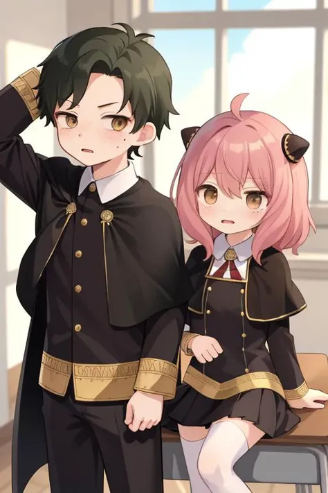 masterpiece,best quality,ultra detail,1boy damian, 1girl anya<lora:damian_anya_d32:0.7>petite,chibi,classroom,school uniform,shy,eden academy uniform,capelet,comic