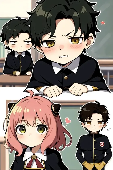 masterpiece,best quality,ultra detail,1boy damian, 1girl anya<lora:damian_anya_d32:0.7>petite,chibi,classroom,school uniform,shy,eden academy uniform,capelet,comic