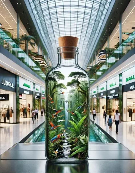 ais-bttl, inside the bottle is the jungle, outside the bottle is a shopping mall <lora:ais-bttl-sdxl:1>