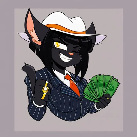 score_9, score_8_up, score_7_up, BREAK 1girl, solo, rachaelsaleigh, cat girl, black fur, yellow eyes, animal ears, cat tail, black hair, short hair, medium breasts, <lora:RachaelSaleighPDXL_V1-Manityro-CAME:1.0>, BREAK, <lora:gangstersb-guy-PONYv1:1>, gangstersb, thumbs up, one eye closed, grin, smile, money, holding money, portrait, cropped torso, ring, formal, hat, necktie, suit, striped, solo