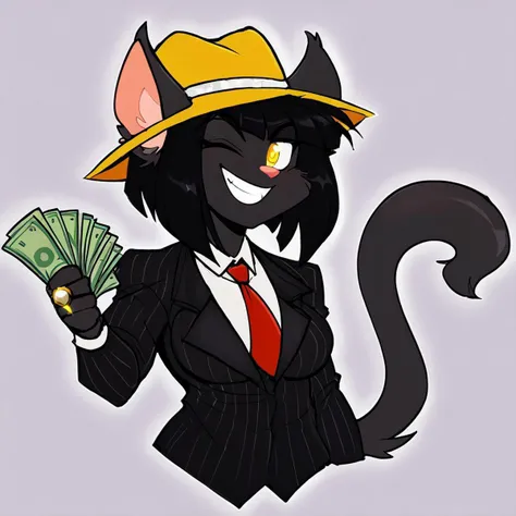 score_9, score_8_up, score_7_up, BREAK 1girl, solo, rachaelsaleigh, cat girl, black fur, yellow eyes, animal ears, cat tail, black hair, short hair, medium breasts, <lora:RachaelSaleighPDXL_V1-Manityro-CAME:1.0>, BREAK, <lora:gangstersb-guy-PONYv1:1>, gangstersb, thumbs up, one eye closed, grin, smile, money, holding money, portrait, cropped torso, ring, formal, hat, necktie, suit, striped, solo