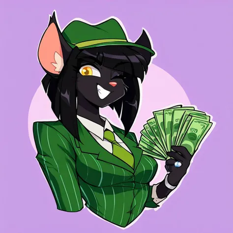 score_9, score_8_up, score_7_up, BREAK, <lora:gangstersb-guy-PONYv1:1>, gangstersb, thumbs up, one eye closed, grin, smile, money, holding money, portrait, cropped torso, ring, formal, hat, green headwear, necktie, suit, striped, solo, looking at viewer, <lora:gwentd-guy-ponyv1:0.85>, score_9, score_8_up, score_7_up, BREAK 1girl, solo, rachaelsaleigh, cat girl, black fur, yellow eyes, animal ears, cat tail, black hair, short hair, medium breasts, <lora:RachaelSaleighPDXL_V1-Manityro-CAME:1.0
