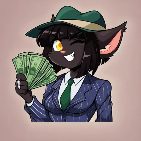 score_9, score_8_up, score_7_up, BREAK 1girl, solo, rachaelsaleigh, cat girl, black fur, yellow eyes, animal ears, cat tail, black hair, short hair, medium breasts, <lora:RachaelSaleighPDXL_V1-Manityro-CAME:1.0>, BREAK, <lora:gangstersb-guy-PONYv1:1>, gangstersb, thumbs up, one eye closed, grin, smile, money, holding money, portrait, cropped torso, ring, formal, hat, necktie, suit, striped, solo