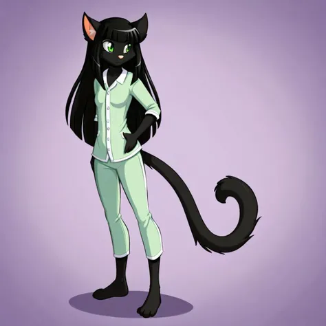(masterpiece:1.5), very detailed, jay_naylor_style, negative_hand
BREAK solo, 1girl, rachael_saleigh, anthro, furry, cat, green eyes, black body, black fur, cat ears, animal ears, cat tail, light green pajamas, standing, full body, black hair, hime cut, long hair, slim body