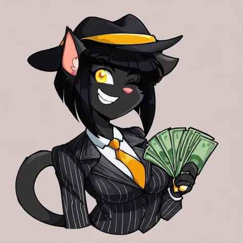 score_9, score_8_up, score_7_up, BREAK 1girl, solo, rachaelsaleigh, cat girl, black fur, yellow eyes, animal ears, cat tail, black hair, short hair, medium breasts, <lora:RachaelSaleighPDXL_V1-Manityro-CAME:1.0>, BREAK, <lora:gangstersb-guy-PONYv1:1>, gangstersb, thumbs up, one eye closed, grin, smile, money, holding money, portrait, cropped torso, ring, formal, hat, necktie, suit, striped, solo