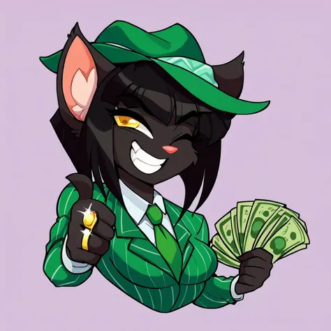score_9, score_8_up, score_7_up, BREAK, <lora:gangstersb-guy-PONYv1:1>, gangstersb, thumbs up, one eye closed, grin, smile, money, holding money, portrait, cropped torso, ring, formal, hat, green headwear, necktie, suit, striped, solo, looking at viewer, <lora:gwentd-guy-ponyv1:0.85>, score_9, score_8_up, score_7_up, BREAK 1girl, solo, rachaelsaleigh, cat girl, black fur, yellow eyes, animal ears, cat tail, black hair, short hair, medium breasts, <lora:RachaelSaleighPDXL_V1-Manityro-CAME:1.0