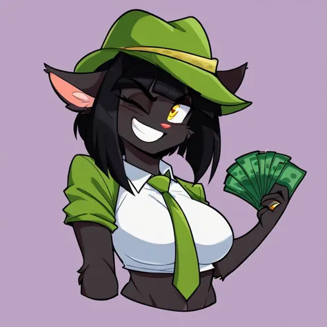 score_9, score_8_up, score_7_up, BREAK, <lora:gangstersb-guy-PONYv1:1>, gangstersb, thumbs up, one eye closed, grin, smile, money, holding money, portrait, cropped torso, ring, formal, hat, green headwear, necktie, suit, striped, solo, looking at viewer, <lora:gwentd-guy-ponyv1:0.85>, score_9, score_8_up, score_7_up, BREAK 1girl, solo, rachaelsaleigh, cat girl, black fur, yellow eyes, animal ears, cat tail, black hair, short hair, medium breasts, <lora:RachaelSaleighPDXL_V1-Manityro-CAME:1.0