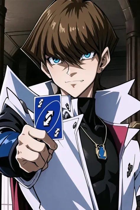 1boy, IncrRvrsCard, holding, card, holding card, arrow \(symbol\), <lora:UnoReverseCard:1.1>, upper body, smirk, playing card, <lora:Pos_PlayingCards:0.5>, indoors, Seto Kaiba, short hair, brown hair, blue eyes, belt, open jacket, pendant, Cold eyes, sneer, <lora:Char_Yugioh_SetoKaiba:0.8>
