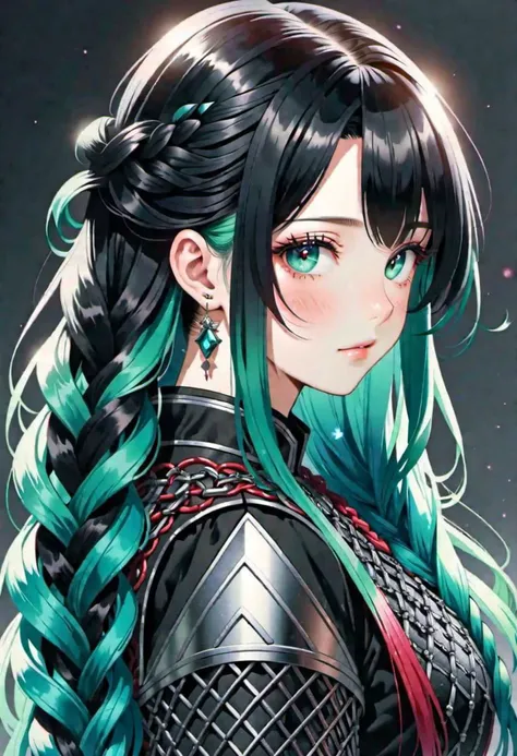 Kawaii adult woman, masterpiece, best quality, high quality, highres, absurdres, black hair in 1 three-strand braid, gradient hair, wearing a chainmail top, amnification, flat color, simple color, thick lines, traditional media, manga style