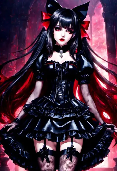 cinematic vampire film style, (gothic, gothic tafashion, dark persona:1), (corrupted dark magical girl, long hair:1.2), (gothic frilly lolishion dress:1.2), (latex gloves, multilayered dress:1), (shiny glossy translucent clothing, gleaming oily latex fabric:1.1), bloodlight, (gothiclolita boots, shoes focus, fishnet stockings:1.2), (many frills, big bow, lace:1.3), (glossy lips, eyeshadow, mascara, dark makeup:1.2), (sitting on latex sofa:1.3), (gloomy:1.1),