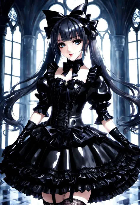 (gothic, gothic tafashion, dark persona:1), (corrupted dark magical girl, long hair:1.2), (gothic frilly lolishion dress:1.2), (latex gloves, multilayered dress:1), (shiny glossy translucent clothing, gleaming oily latex fabric:1.1), backlight, (gothiclolita boots, shoes focus, fishnet stockings:1.2), (many frills, big bow, lace:1.3), (glossy lips, eyeshadow, mascara, dark makeup:1.2), (sitting on latex sofa:1.3), (gloomy:1.1),