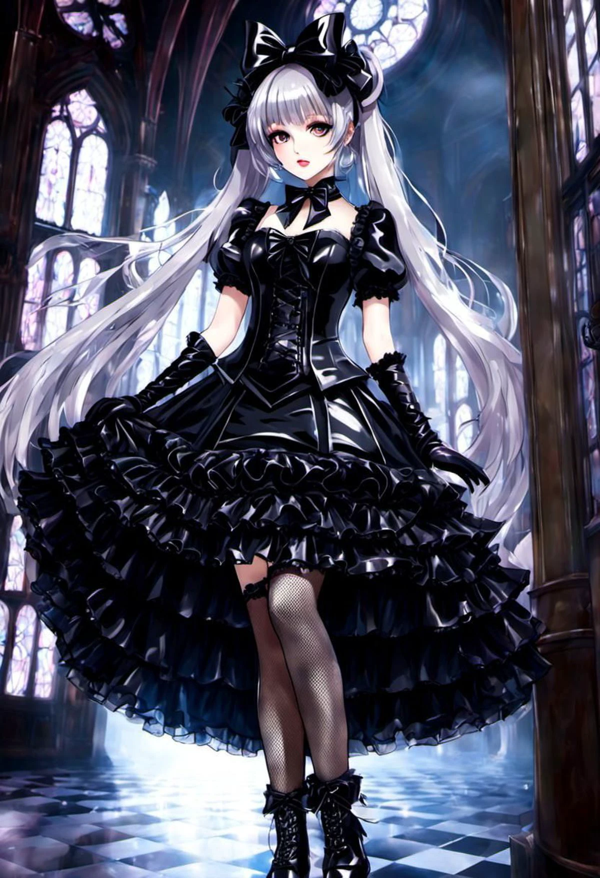 (gothic, gothic tafashion, dark persona:1), (corrupted dark magical girl, long hair:1.2), (gothic frilly lolishion dress:1.2), (latex gloves, multilayered dress:1), (shiny glossy translucent clothing, gleaming oily latex fabric:1.1), backlight, (gothiclolita boots, shoes focus, fishnet stockings:1.2), (many frills, big bow, lace:1.3), (glossy lips, eyeshadow, mascara, dark makeup:1.2), (sitting on latex sofa:1.3), (gloomy:1.1),