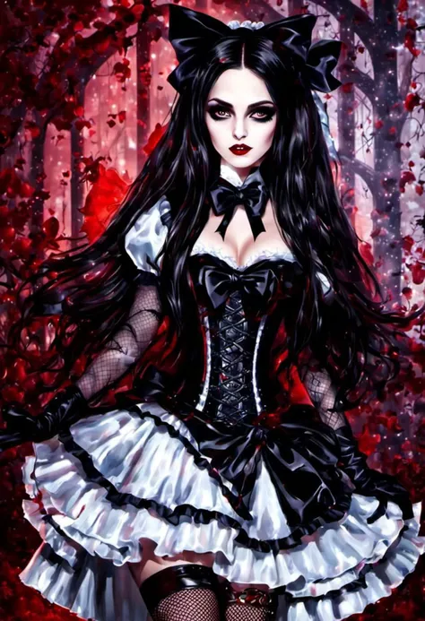 (cinematic vampire film style, dark persona, alice in wonderland style:1), (Alice, long hair:1.2), (gothic vampire wonderland dress:1.2), (latex gloves, multilayered dress:1), (shiny glossy translucent clothing, gleaming oily latex fabric:1.1), bloodlight, (gothic boots, fishnet stockings:1.2), (many frills, big bow, lace:1.3), (glossy blood-red lipstick, eyeshadow, mascara, dark makeup:1.2), (blood, vampire fangs, bloody hands, bloody dress:1.1),