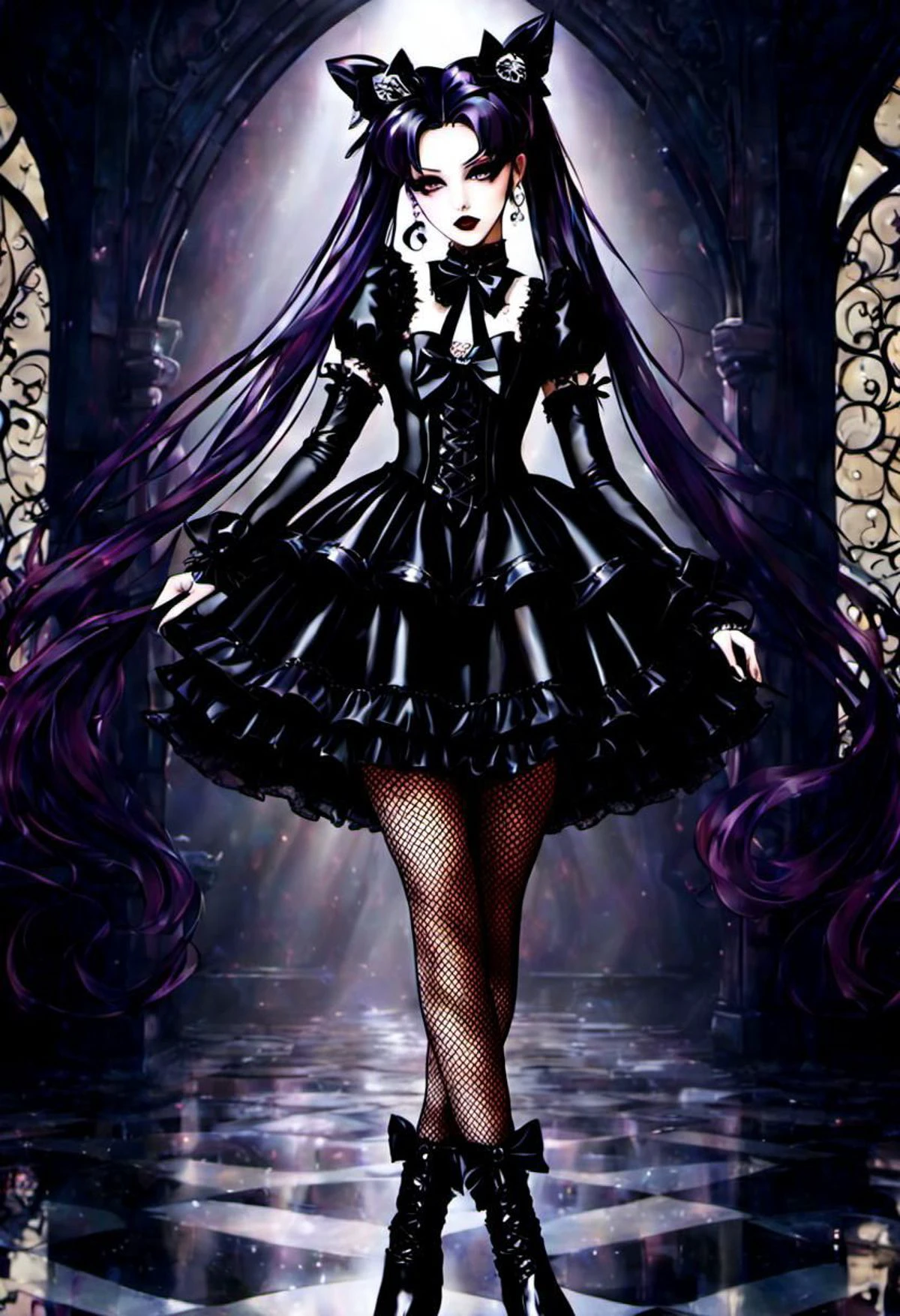 (gothic, gothic tafashion, dark persona:1), (corrupted dark magical girl, long hair:1.2), (gothic frilly lolishion dress:1.2), (latex gloves, multilayered dress:1), (shiny glossy translucent clothing, gleaming oily latex fabric:1.1), backlight, (gothiclolita boots, shoes focus, fishnet stockings:1.2), (many frills, big bow, lace:1.3), (glossy lips, eyeshadow, mascara, dark makeup:1.2), (sitting on latex sofa:1.3), (gloomy:1.1),