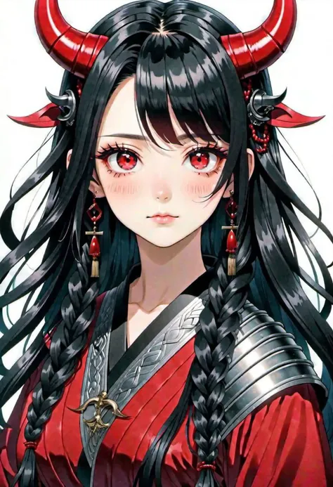 Kawaii adult woman, masterpiece, best quality, high quality, highres, absurdres, black hair in 1 three-strand braid, gradient hair, dark red eyes, small red horns, wearing a chainmail top, amnification, flat color, simple color, thick lines, traditional media, manga style