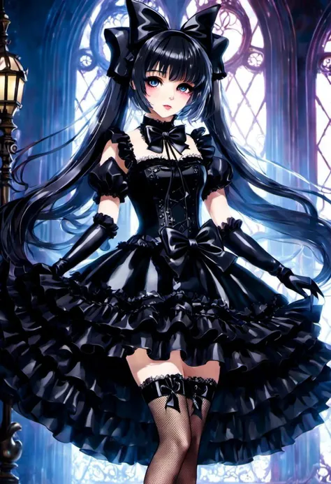 (gothic, gothic lolitafashion, dark persona:1), (corrupted dark magical girl, long hair:1.2), (gothic frilly lolitafashion dress:1.2), (latex gloves, multilayered dress:1), (shiny glossy translucent clothing, gleaming oily latex fabric:1.1), backlight, (gothiclolita boots, shoes focus, fishnet stockings:1.2), (many frills, big bow, lace:1.3), (glossy lips, eyeshadow, mascara, dark makeup:1.2), (sitting on latex sofa:1.3), (gloomy:1.1),