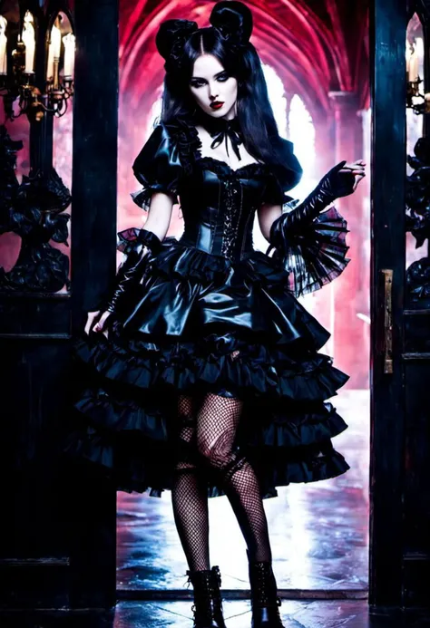 cinematic vampire film style, (gothic, gothic tafashion, dark persona:1), (corrupted dark magical girl, long hair:1.2), (gothic frilly lolishion dress:1.2), (latex gloves, multilayered dress:1), (shiny glossy translucent clothing, gleaming oily latex fabric:1.1), backlight, (gothiclolita boots, shoes focus, fishnet stockings:1.2), (many frills, big bow, lace:1.3), (glossy lips, eyeshadow, mascara, dark makeup:1.2), (sitting on latex sofa:1.3), (gloomy:1.1),